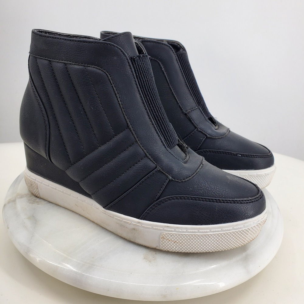 Jessica Carlyle Kesha Black Faux Leather Wedge Fashion High Top Sneaker Shoes 7‎